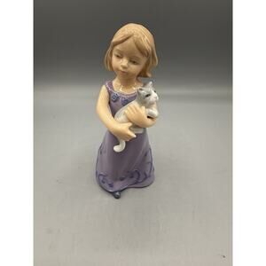 Cosmos Porcelain Girl Holding Cat Figurine Purple Dress 6”